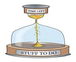 Old fashioned hour glass with sand funneling through. "Time Left" is up top with larger bottom tagged with "Stuff To Do".