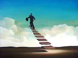 Man with briefcase walking up floating staircase to the sky.